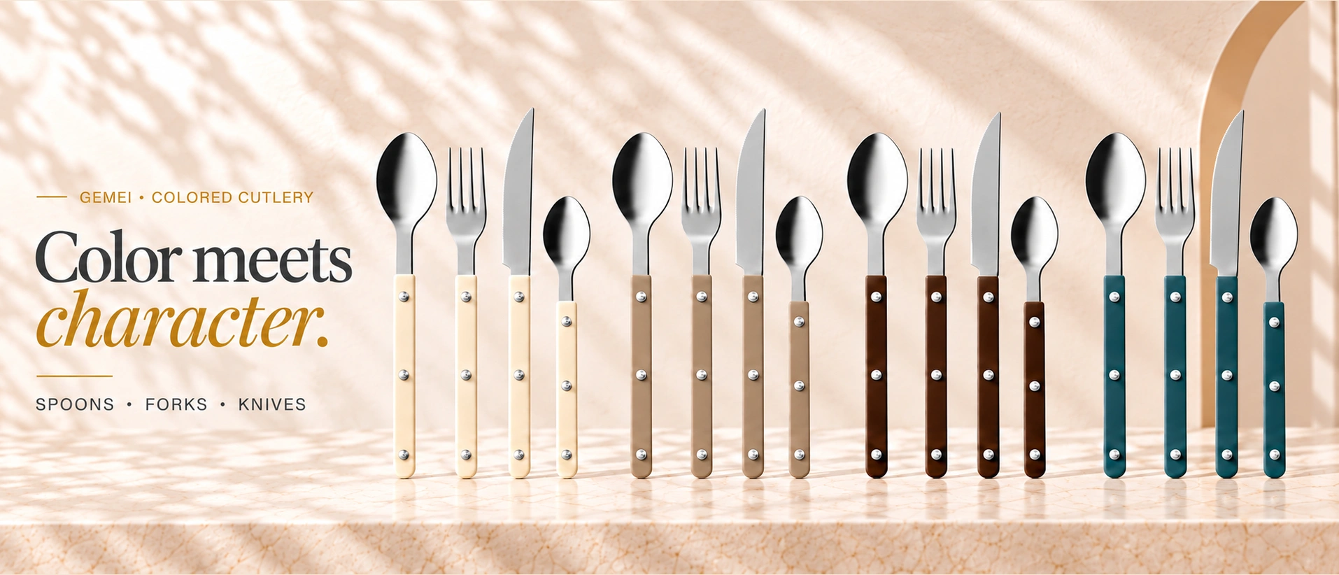 GEMEI colored cutlery in cream, taupe, brown and teal — Color meets character