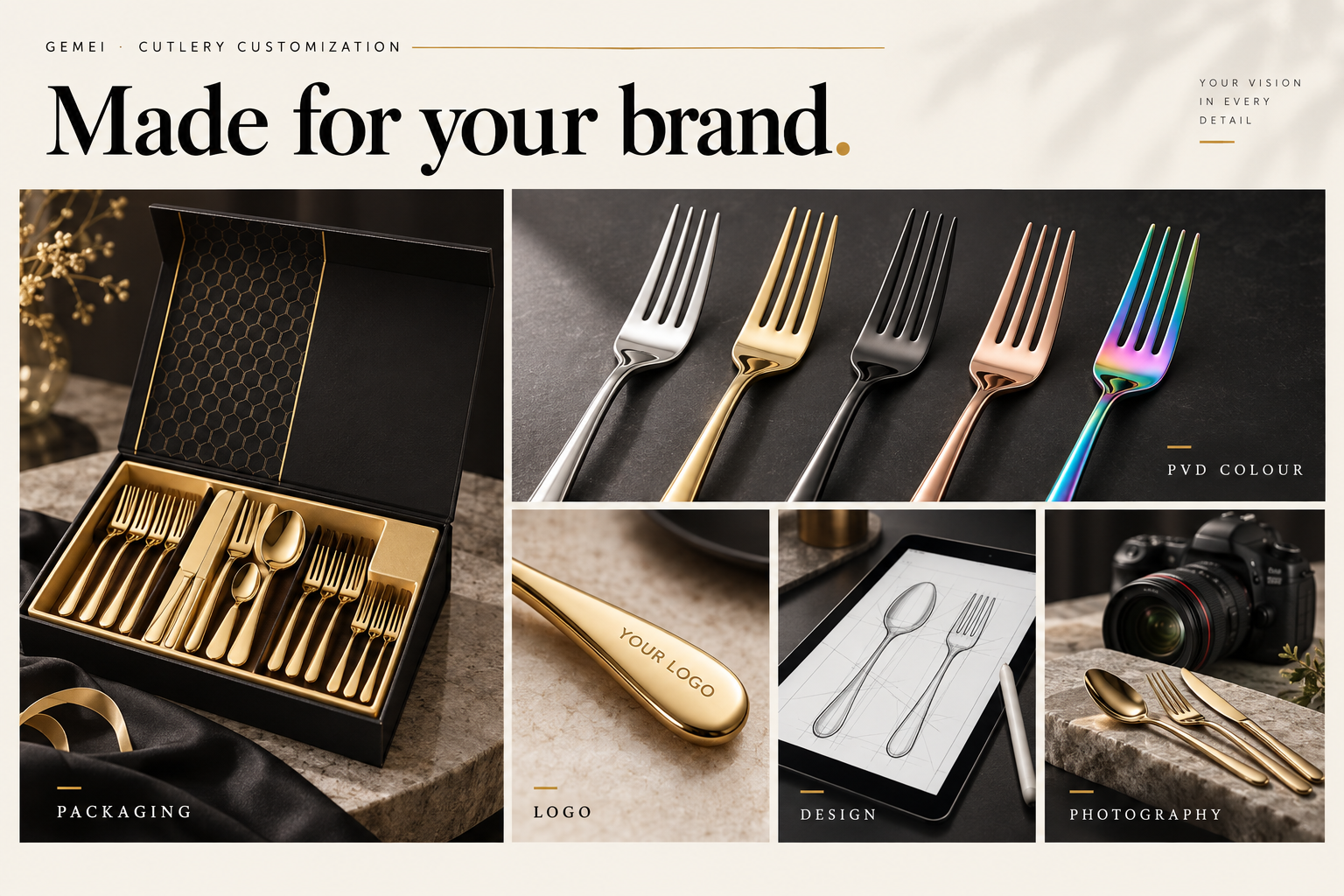 Made for your brand: cutlery packaging, PVD colours, logo marking, design and product photography