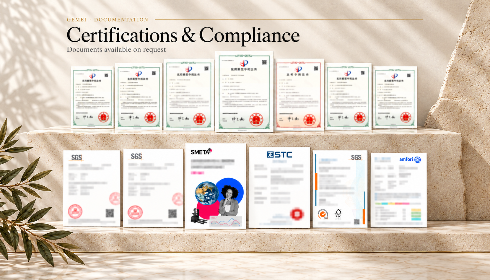 Certifications and compliance showcase with two rows of documents, including selected testing, SMETA, FSC and amfori documentation. Documents available on request.