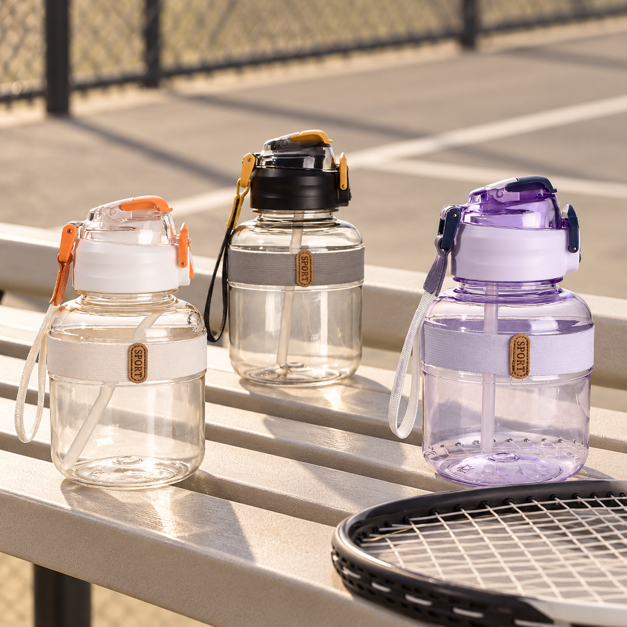 Clear dual-drink water bottles with carrying straps