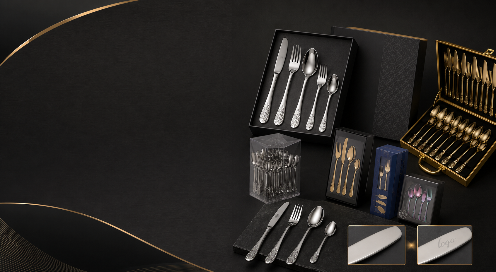 GEMEI black and gold customization studio with cutlery, packaging and logo marking